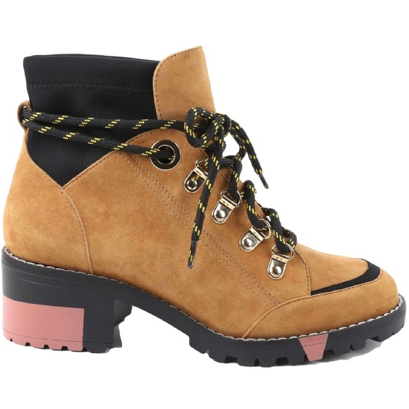 BCBGeneration Nalli Tan Suede Lace-Up Hiker Bootie Brown Black Leather Boots 7 - Picture 3 of 12